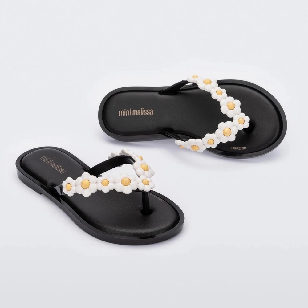 Worn Once! Mini Melissa Black Sandals with White and Yellow Daisy Details. Sz13